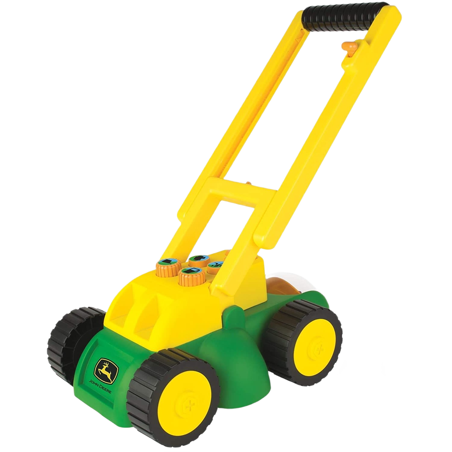 Green and yellow toy lawn mower with black wheels and handle featuring interactive sound buttons for child play