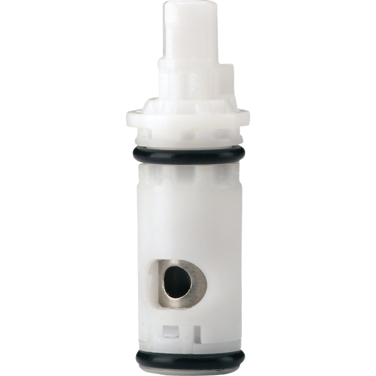 White plastic faucet cartridge with black seals, designed for plumbing and faucet repair parts under $50.
