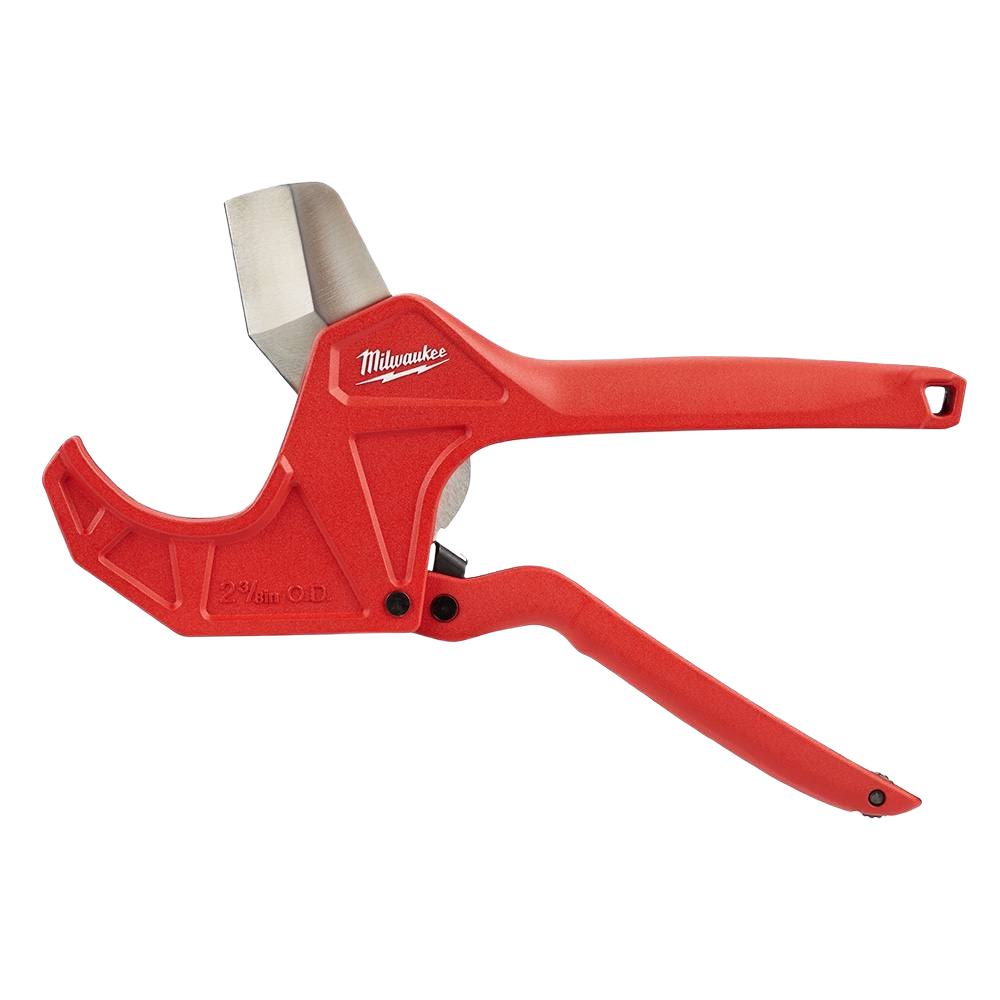 Red ratcheting pipe cutter with stainless steel blade for plumbing tools and home improvement collections
