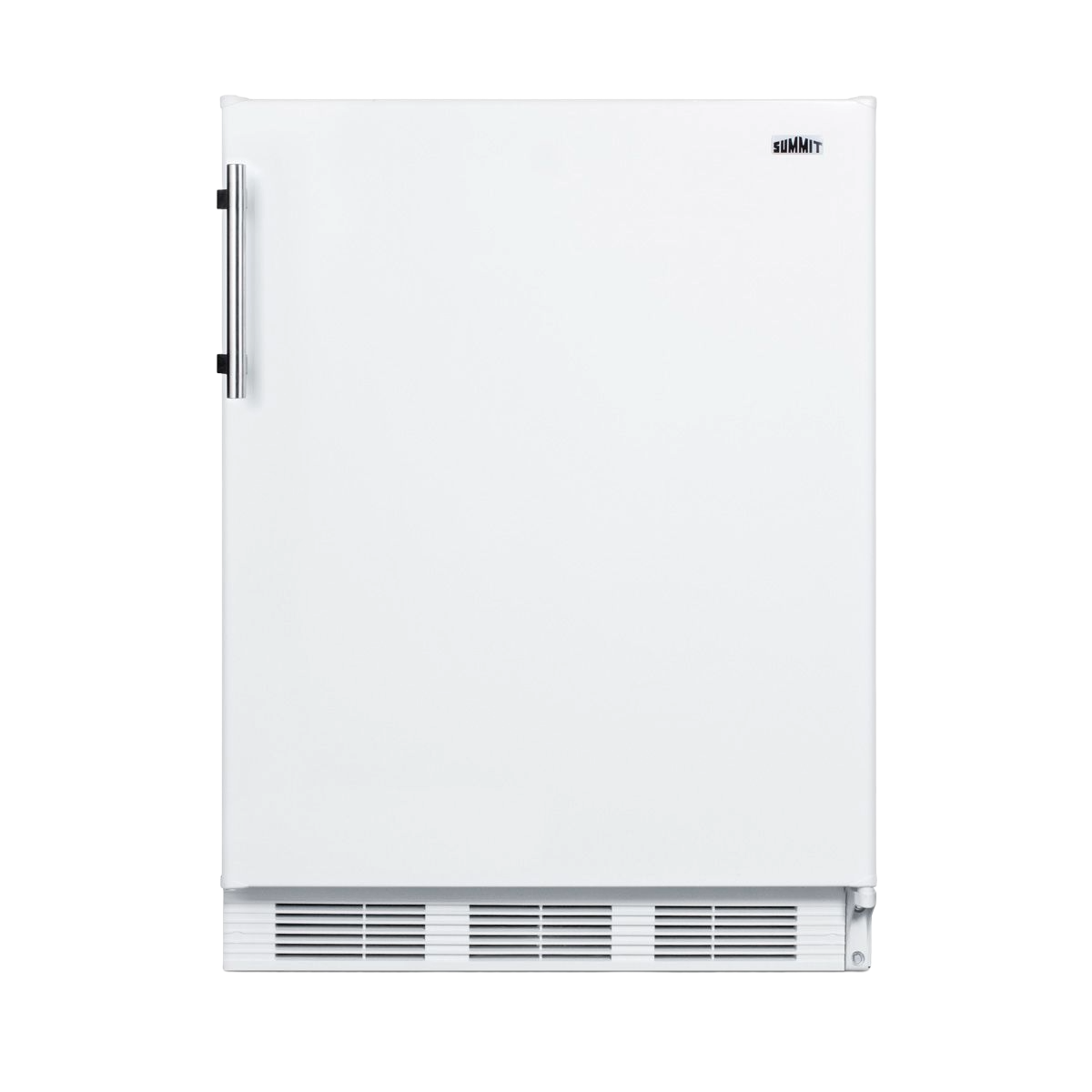 Compact white undercounter refrigerator with stainless steel handle, suitable for kitchen appliances and home improvement.