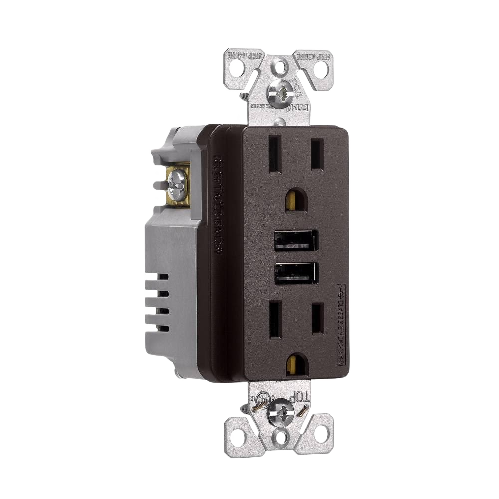 Rubbed bronze electrical outlet with dual USB charging ports and two standard three-prong sockets for home improvement use