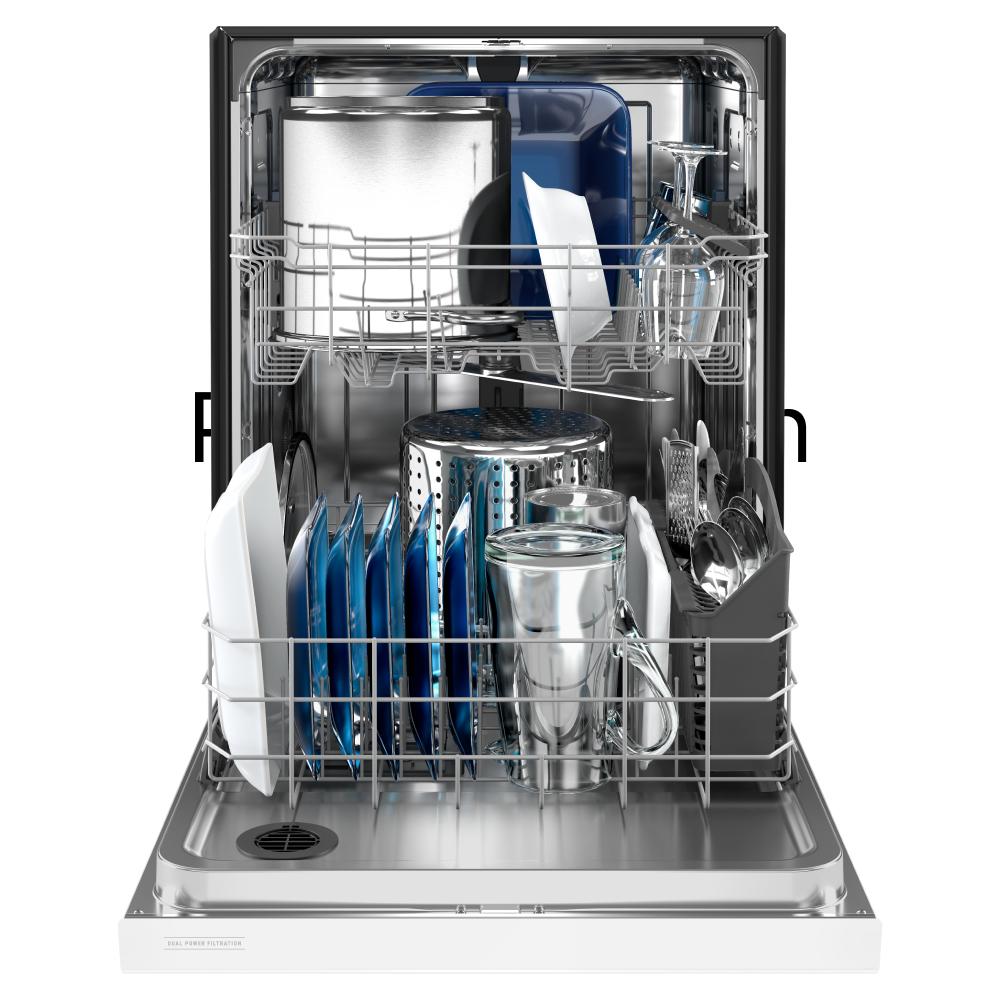 Open dishwasher loaded with various dishes and utensils in kitchen appliances and home improvement collections