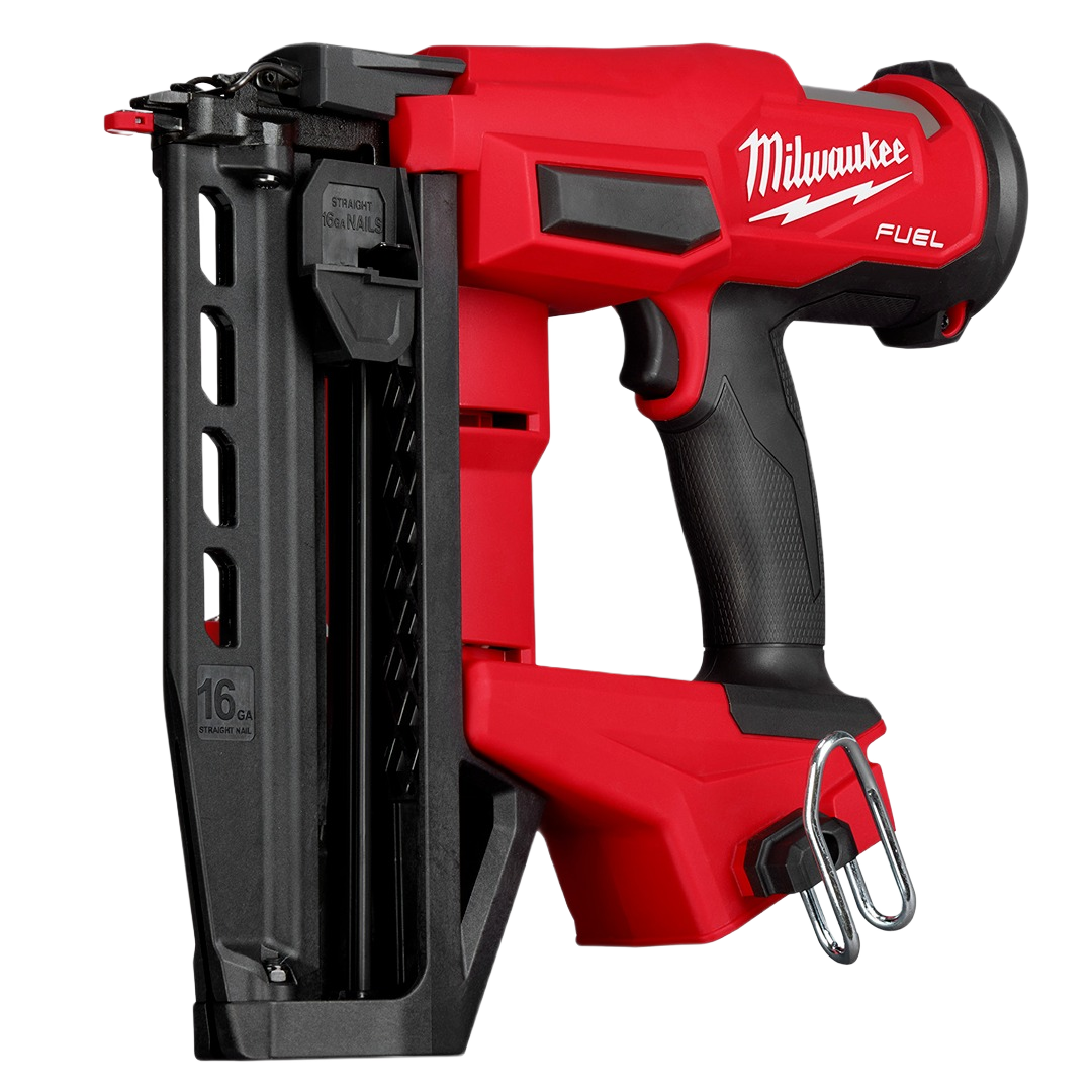 Red and black cordless 16 gauge straight finish nailer with ergonomic grip for home improvement projects