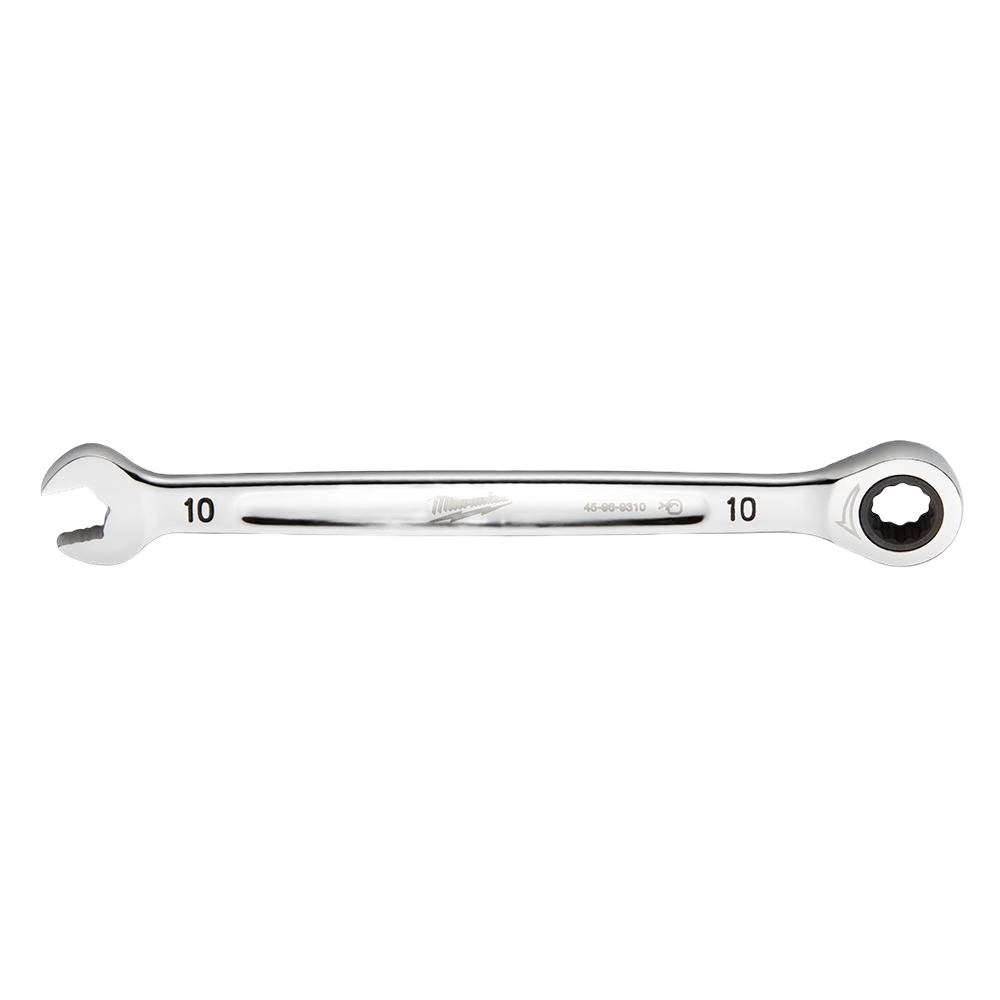 Polished 10-mm ratcheting combination wrench with open and closed ends for professional home improvement tools use