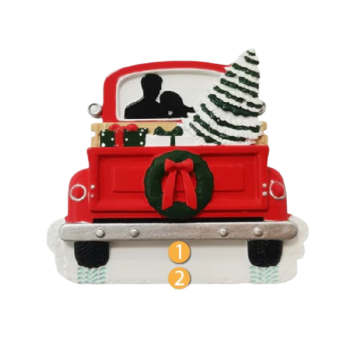 Red truck Christmas ornament with couple silhouettes, gifting presents, and a decorated tree in rear bed design