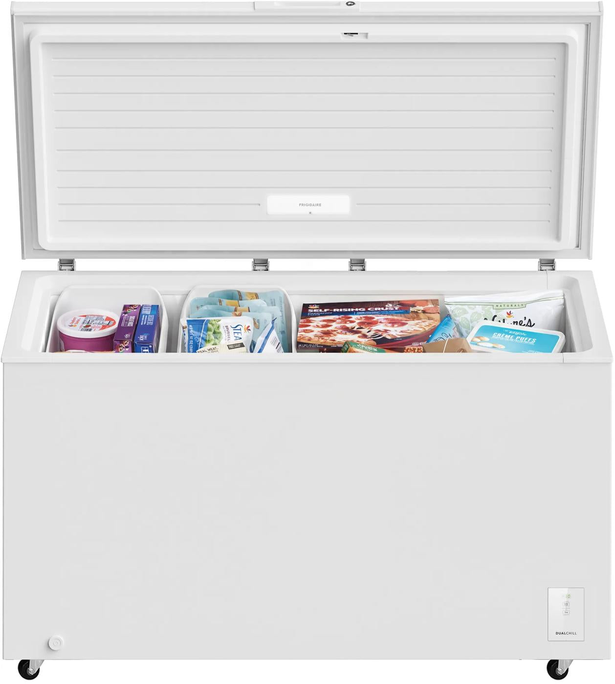 White garage-ready chest freezer open showing organized frozen food including ice cream, pizza, and seafood packaging, for Freezers & Ice Makers, Chest Freezers, Kitchen & Kitchenware, Appliances collections.