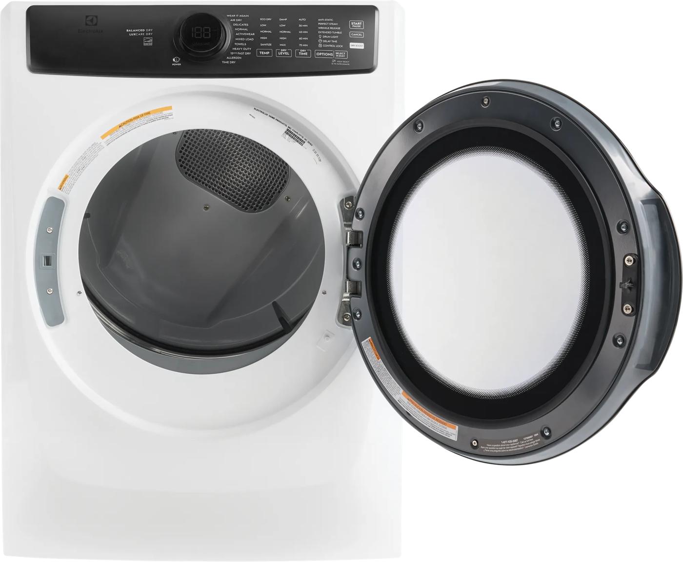 Matte white front load electric dryer with open door and digital control panel from Dryers and Appliances collections