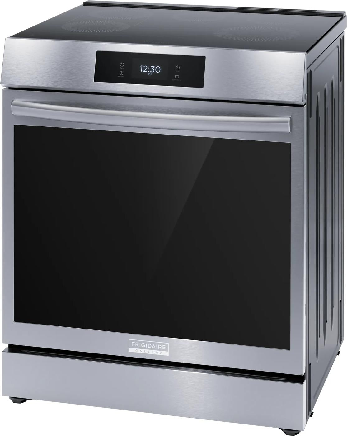 Stainless steel 30-inch front control induction range with digital display and smooth black glass cooktop for kitchen appliances
