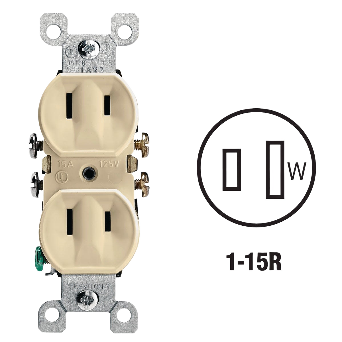 Ivory-colored 15 Amp duplex electrical outlet for residential use in electrical and home improvement collections