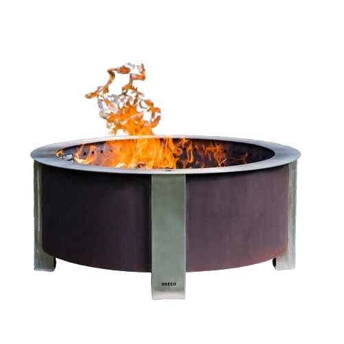 Round corten steel fire pit with bright flames, designed for outdoor living and patio furniture collections