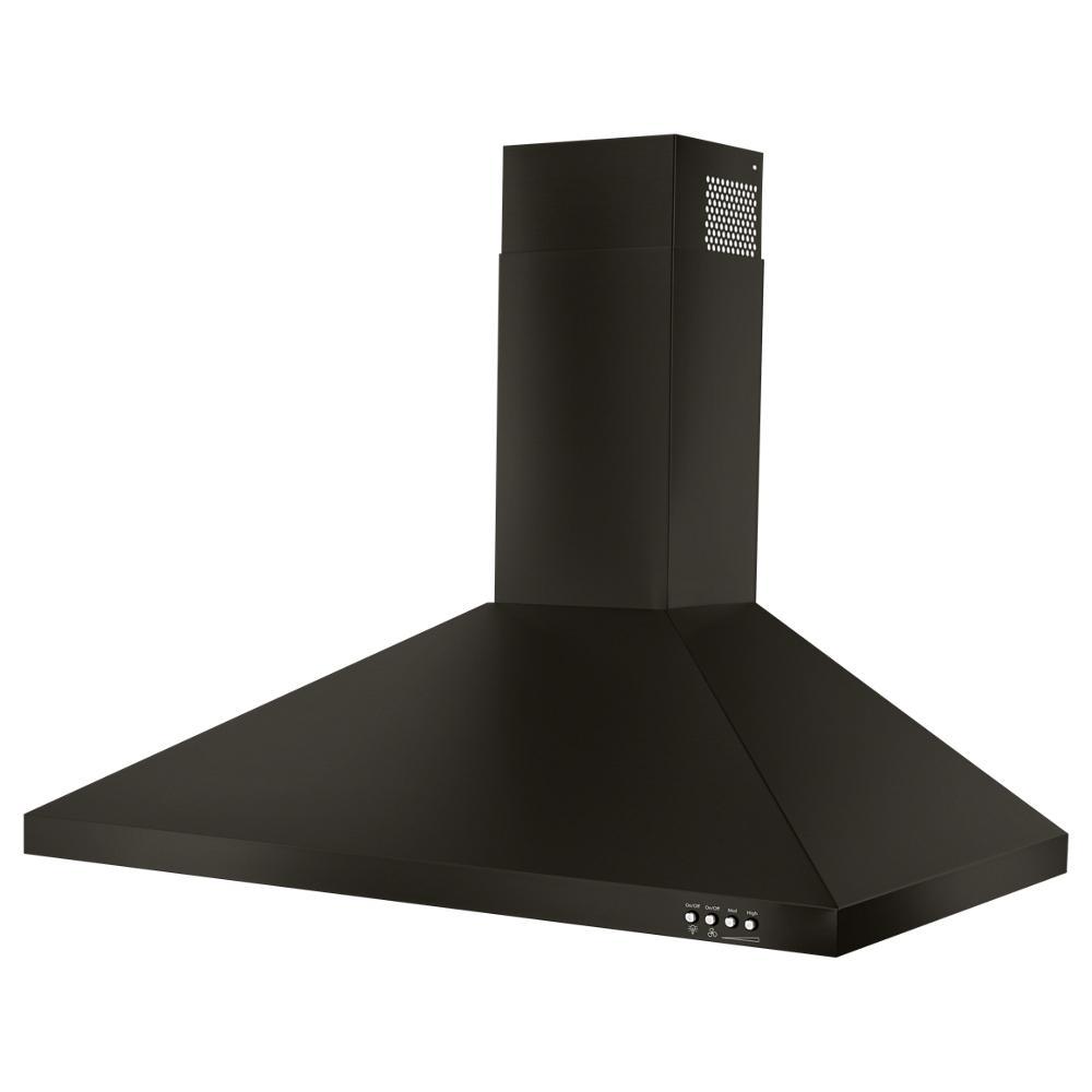 Sleek black stainless steel wall mount range hood with 3-speed fan and LED lighting for kitchen ventilation.