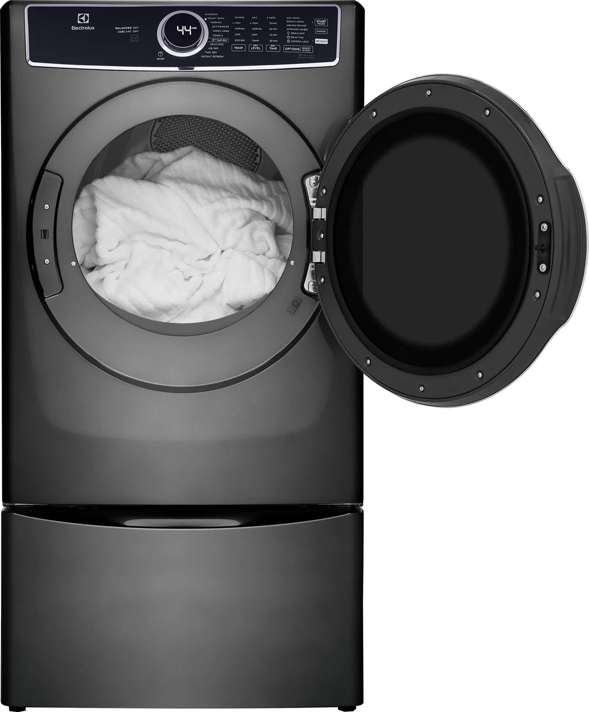 Front load dark gray electric dryer with open door, digital control panel, and white laundry inside, part of dryers collection