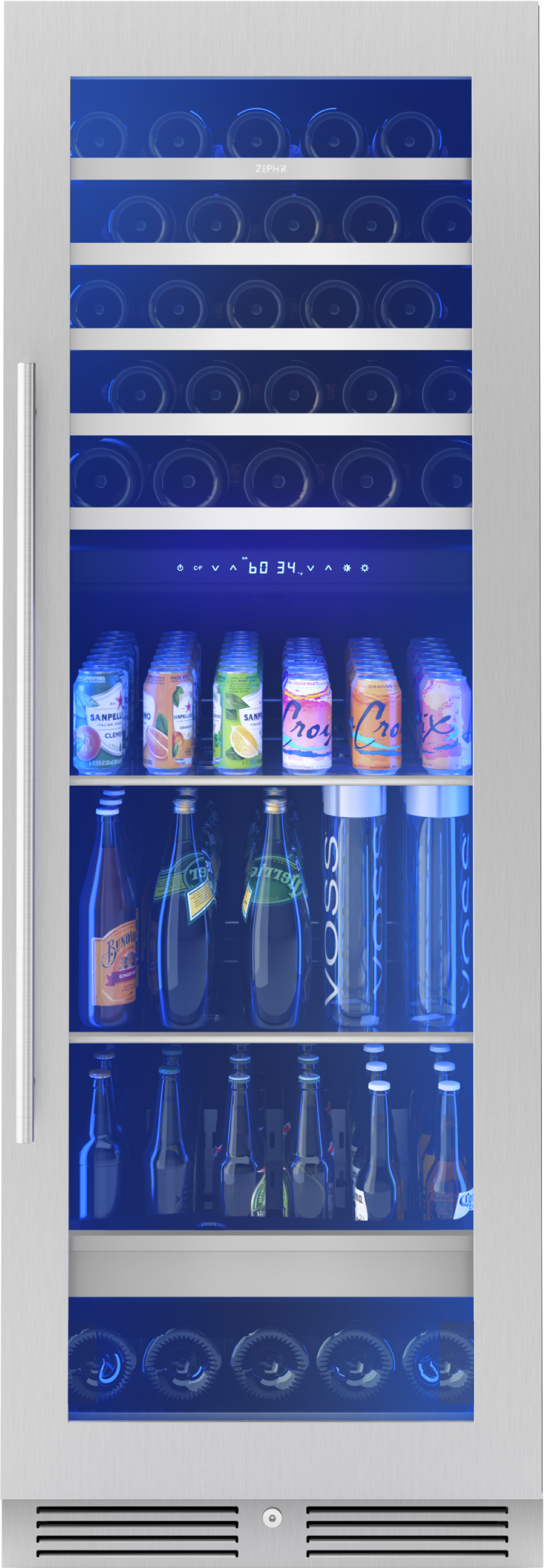 Full-size stainless steel dual zone beverage center with glass door and LED lighting in kitchen appliances collection