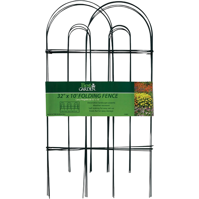 Powder-coated green wire folding garden fence panel with arched top and pointed stakes for landscaping and home improvement tasks