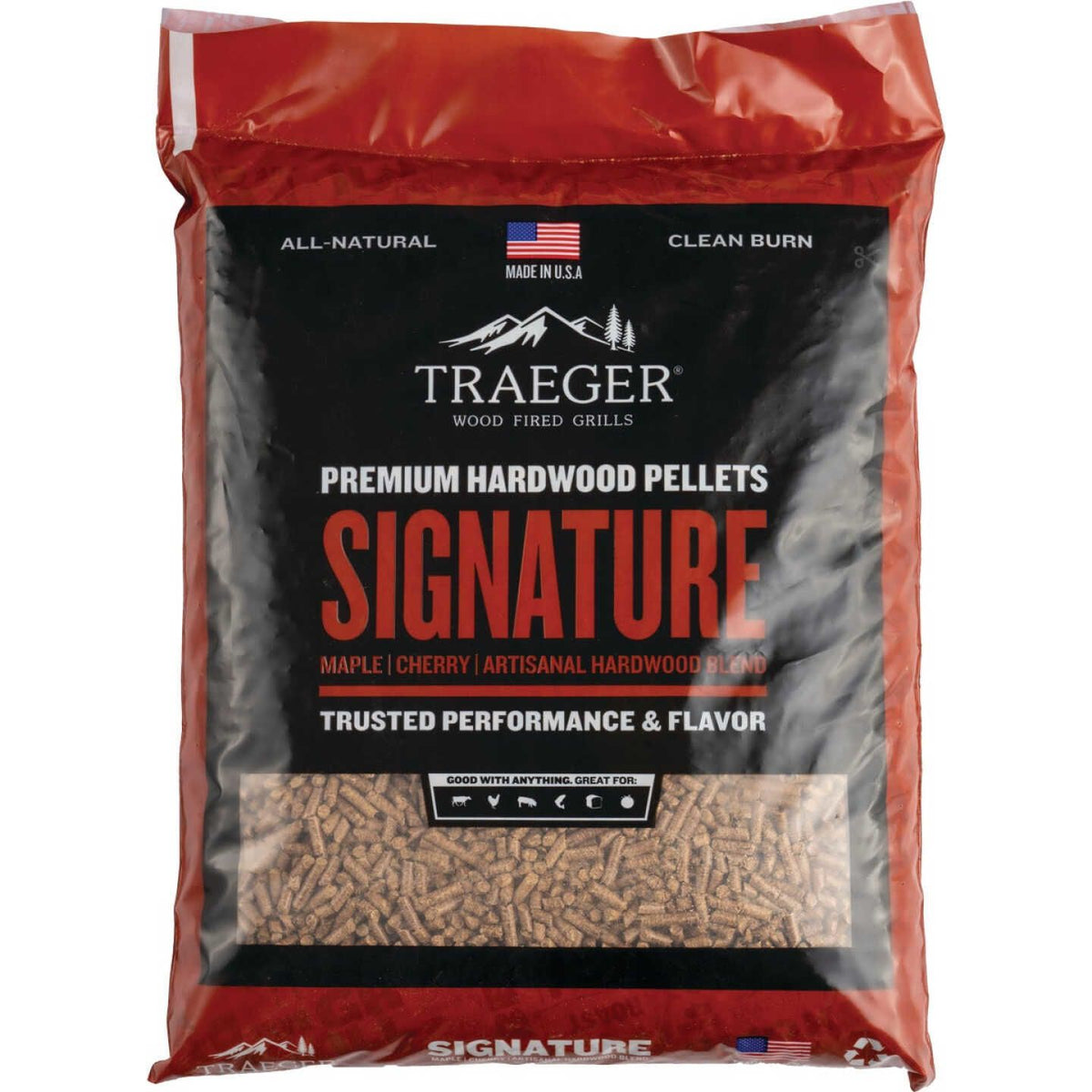 Bag of premium hardwood pellets with maple and cherry blend for grilling in outdoor living and Traeger collections under $50
