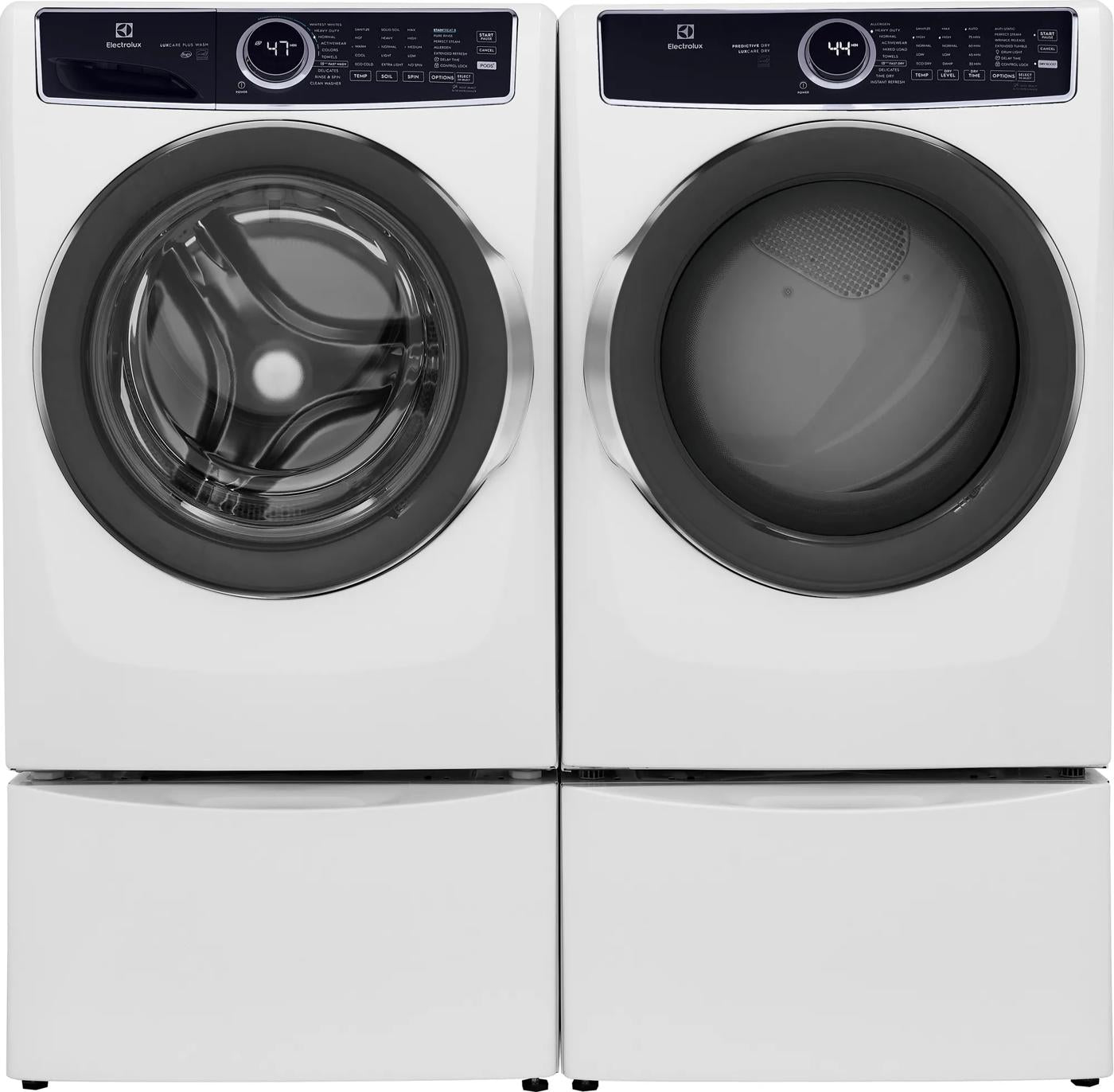 White front load washer and dryer pair with digital control panels, part of washers and dryers appliances collection