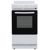 White electric range with six control knobs, black oven door with window, and smooth cooktop in kitchen appliance collection