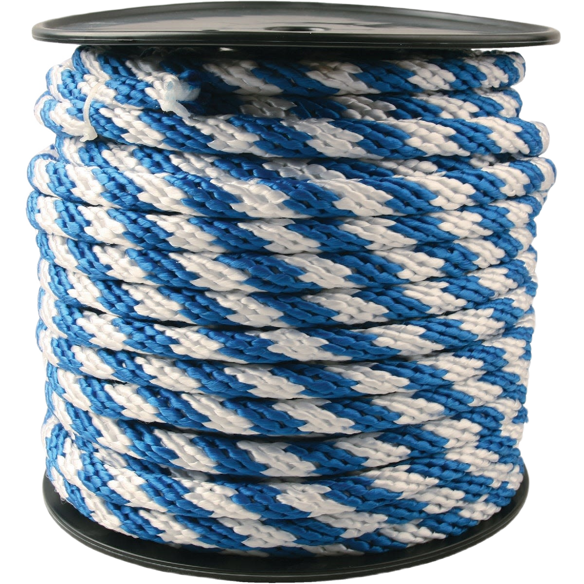 Spool of blue and white polypropylene rope for bulk use in tools and home improvement projects
