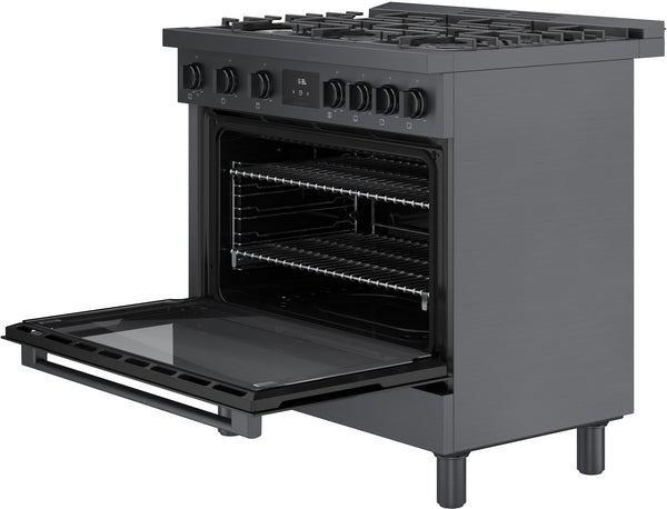 Black stainless steel gas freestanding range with open oven door showing interior racks from Bosch collection
