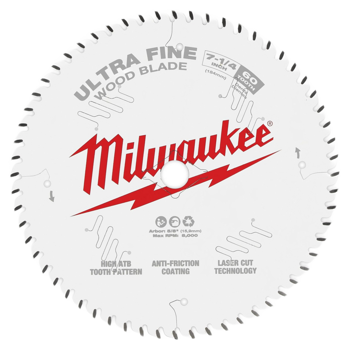 Milwaukee 7-1/4 inch fine finish wood cutting blade with 60 teeth, laser cut and anti-friction coated for tools use