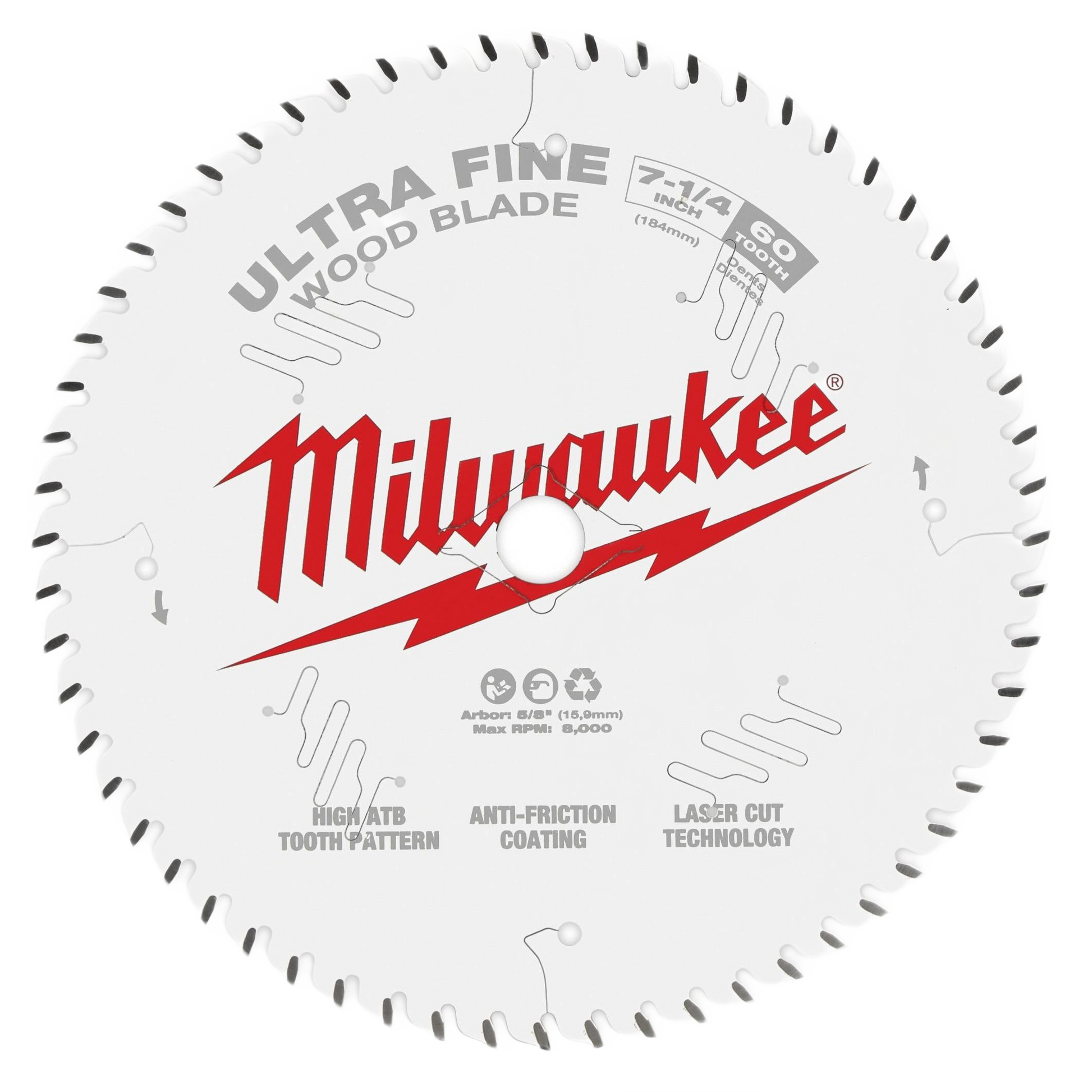 Milwaukee 7-1/4 inch fine finish wood cutting blade with 60 teeth, laser cut and anti-friction coated for tools use