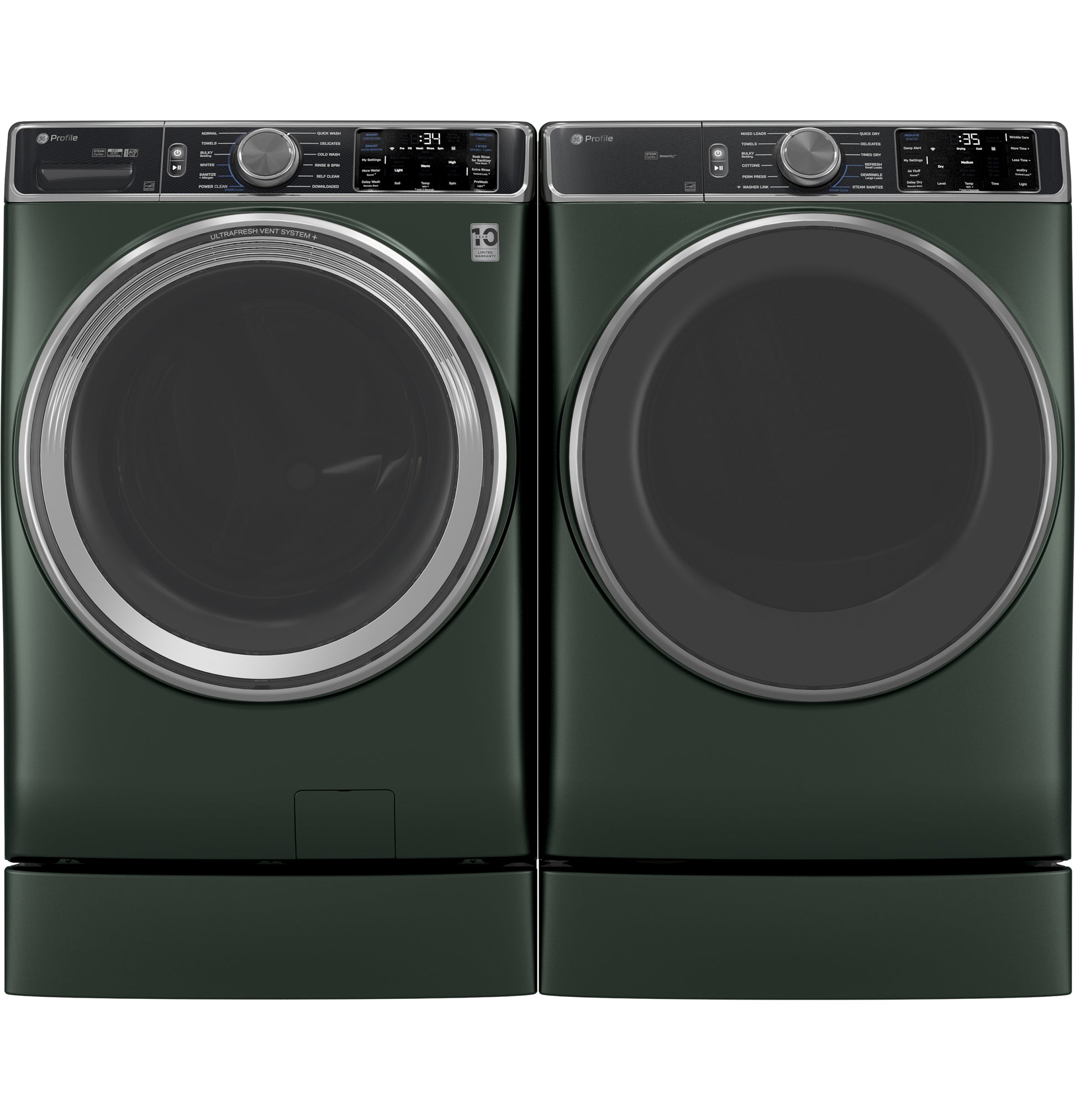 Dark green front load washer and smart gas dryer pair with digital controls in Dryers and Appliances collection