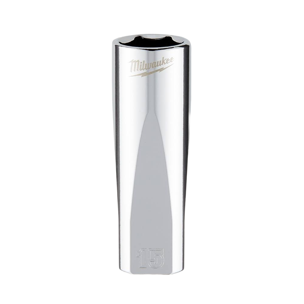 Chrome-finished 15mm deep 6-point socket with anti-roll sides for hand tools and woodworking collections under $50