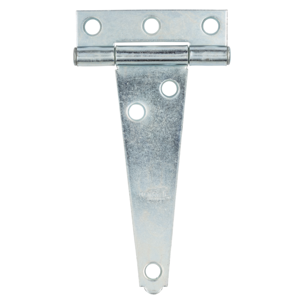 Silver 4-inch light duty T-hinge made of metal with pre-drilled holes for easy installation in home projects