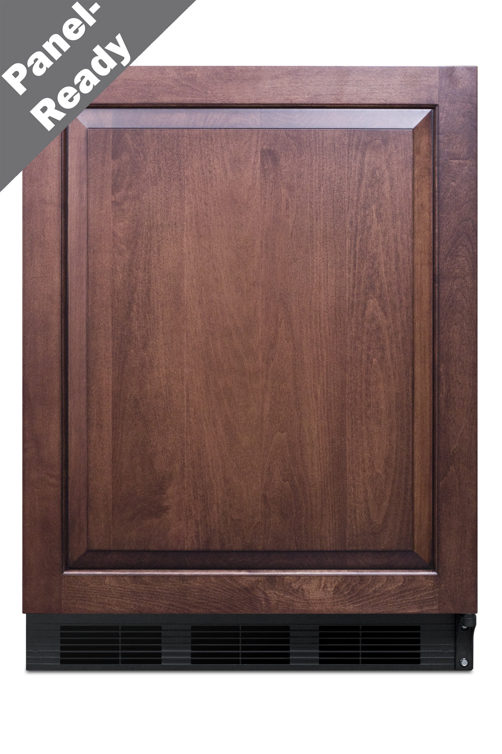 Undercounter refrigerator with matching custom wood panel front and black vented grille in kitchen appliances collection