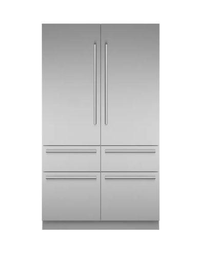 Built-in stainless steel French door bottom freezer refrigerator in modern kitchen appliance collection