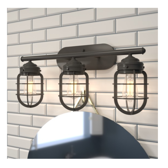 Three-light rustic bronze vanity fixture with cage design for bathroom wall lighting and home improvement projects