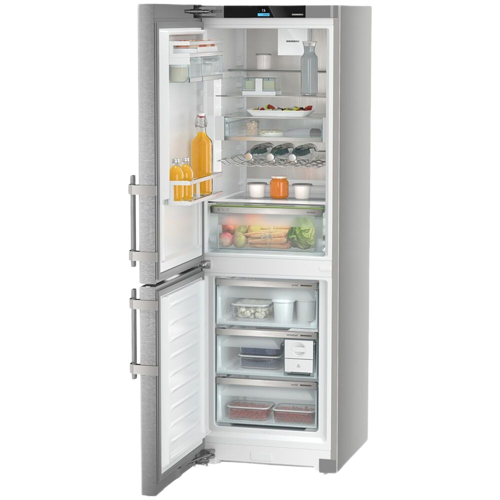 Freestanding stainless steel refrigerator and freezer with left hinge, adjustable shelves, and clear freezer drawers in appliances collection