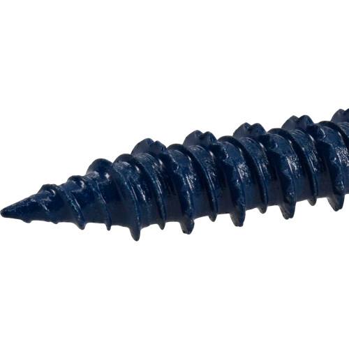 Close-up of a blue coated screw thread designed for durable fastening in hardware and home improvement projects