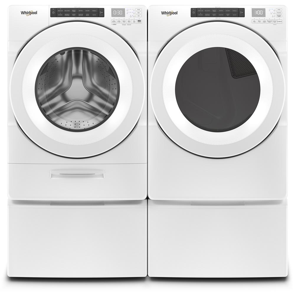 Front load washer and matching 7.4 cu.ft gas dryer pair in white with digital controls for home laundry appliances