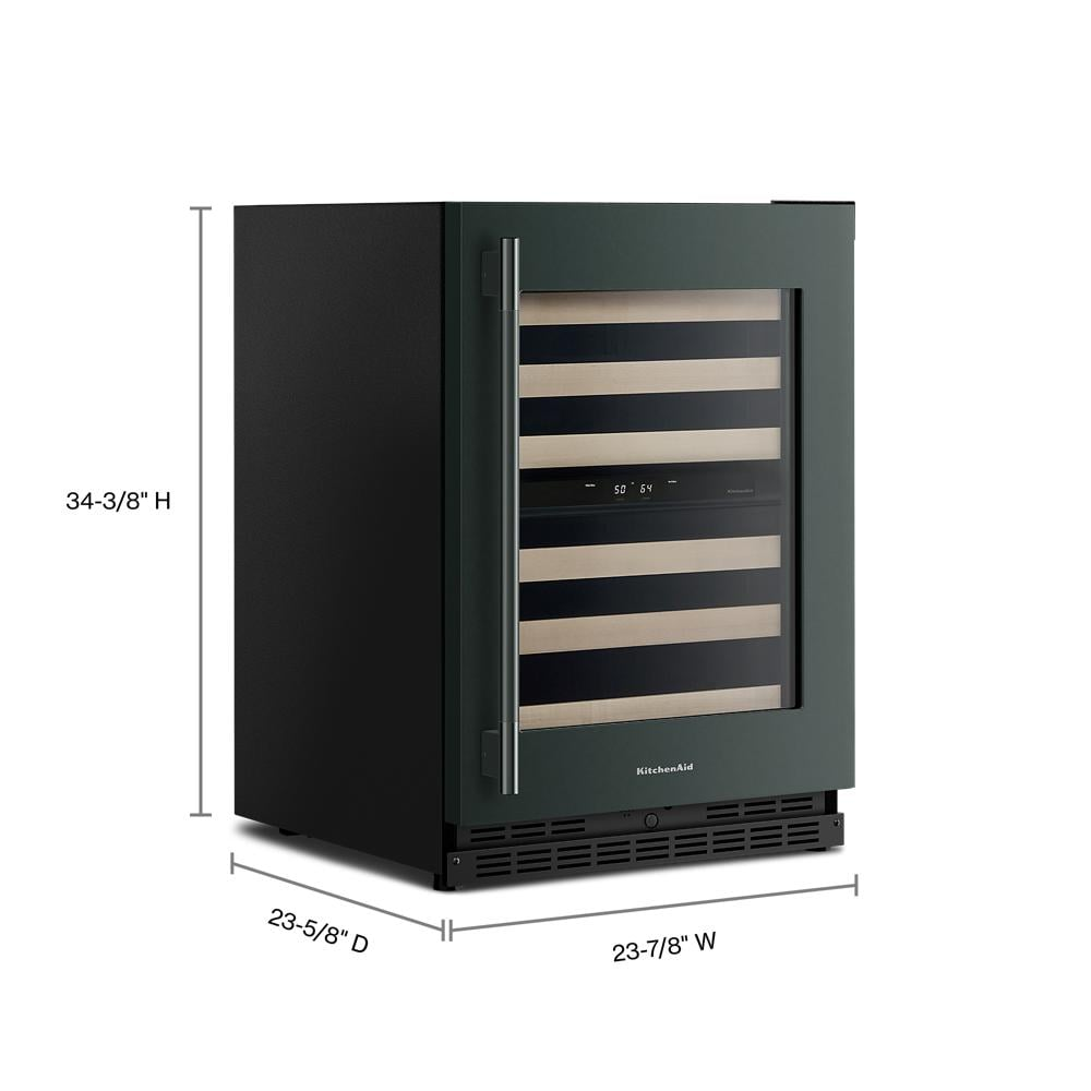 Black undercounter wine cooler with wood-front full-extension racks and digital temperature control panel in appliance setting