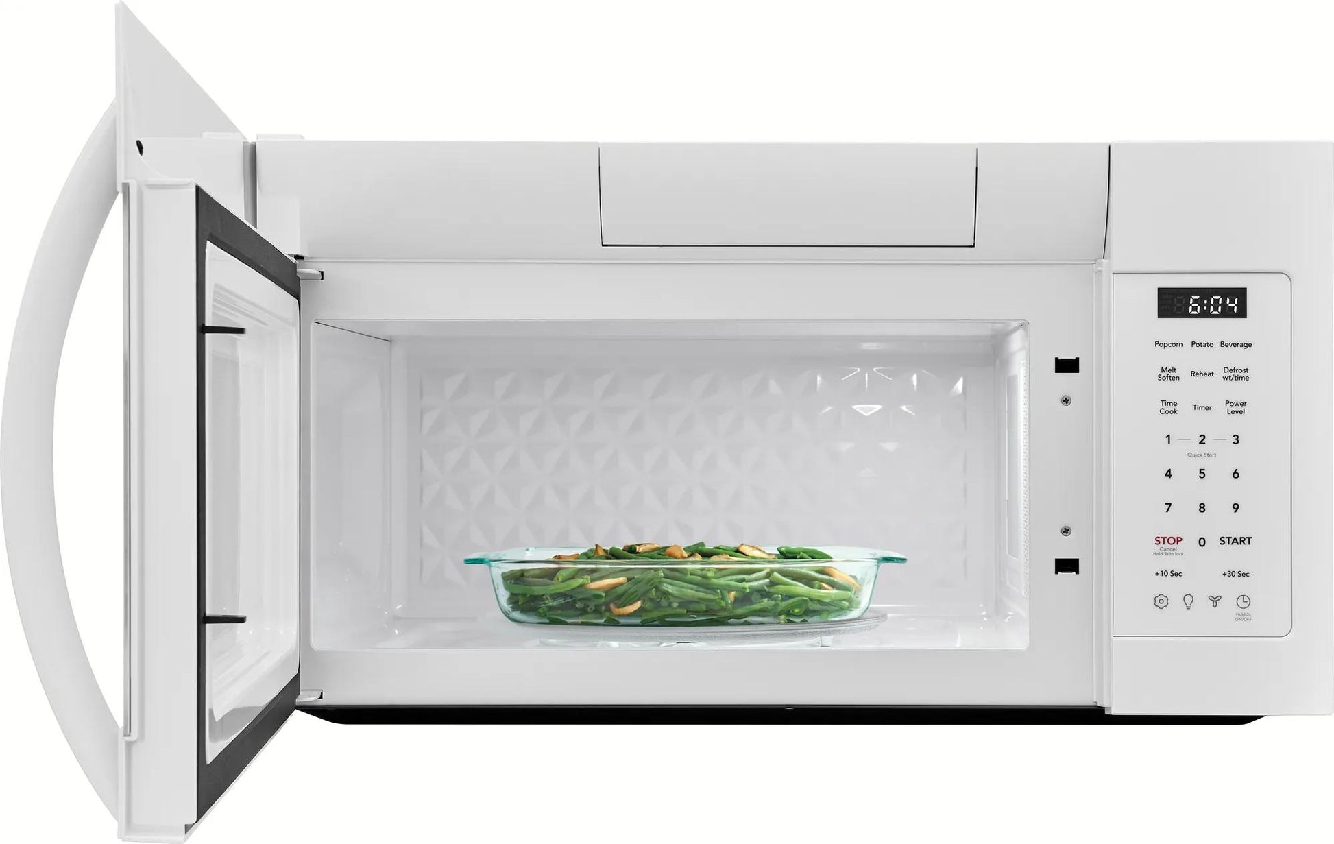 White over-the-range microwave with open door, digital control panel, and clear dish of green beans inside