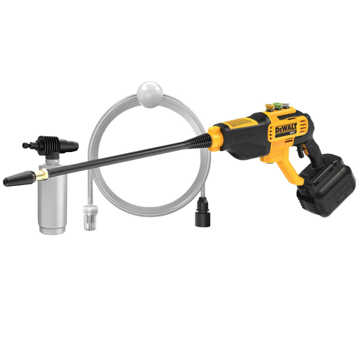 Cordless power cleaner with yellow and black handle, lance extension, hose, and water filter for home improvement tasks
