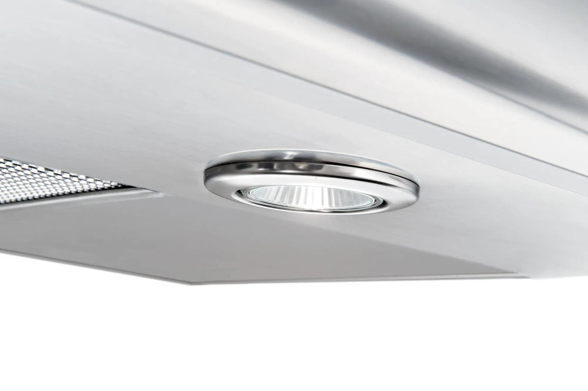Halogen light under stainless steel 30-inch overhead range hood with dishwasher safe filter in kitchen appliances collection