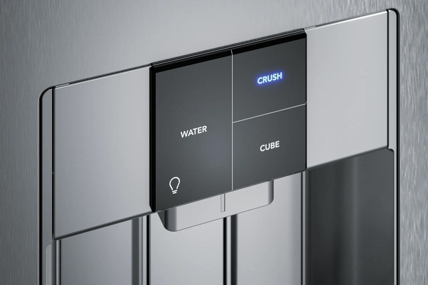 Close-up of digital water and ice dispenser control panel on stainless steel refrigerator from kitchen appliances collection