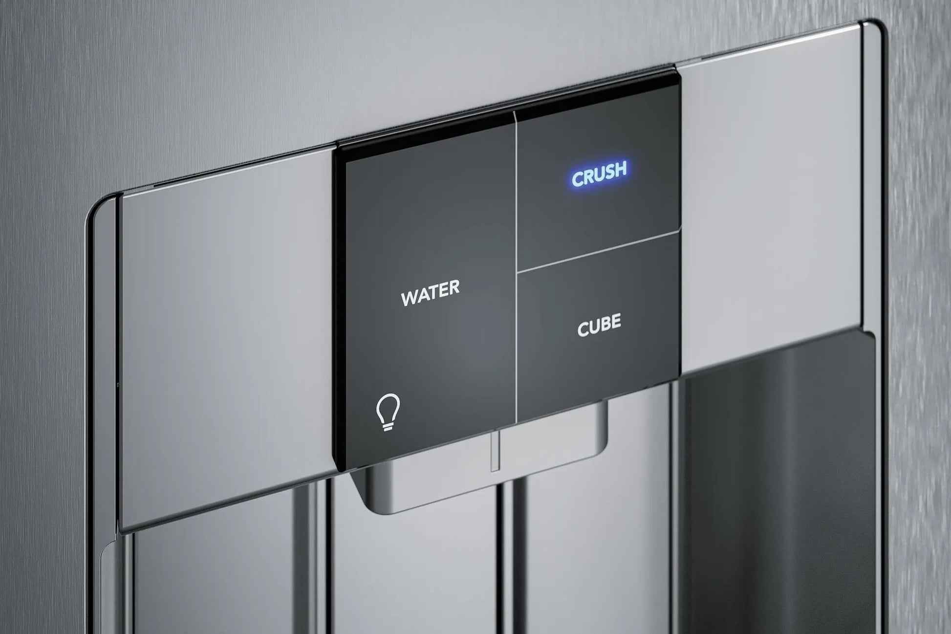 Close-up of digital water and ice dispenser control panel on stainless steel refrigerator from kitchen appliances collection