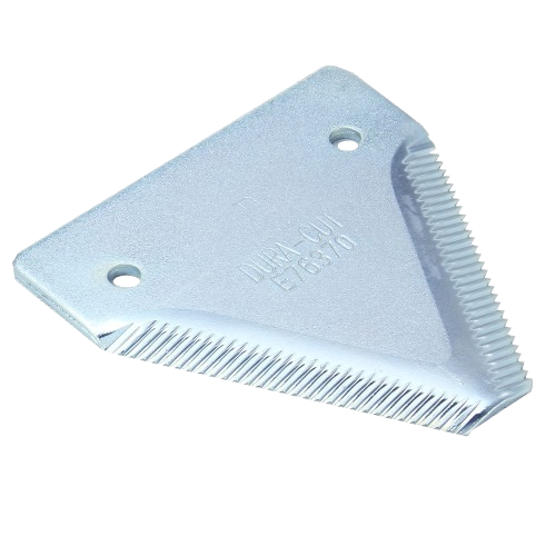 Silver metal cutting blade section with serrated edges designed for tractor windrower attachments in farming tools