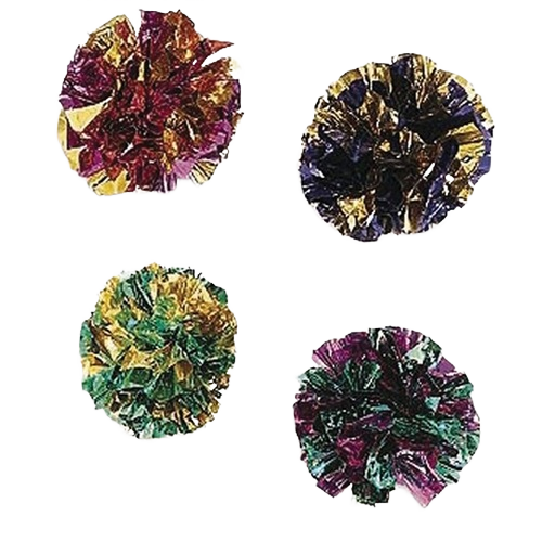 Four colorful mylar balls in purple, green, blue, and gold tones designed as cat toys for pet entertainment
