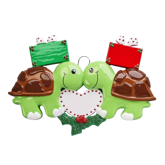 Two green turtle figurines with brown shells holding gifts and heart, Christmas decoration under $50 collection