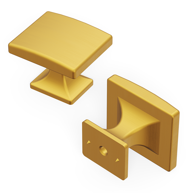 Pair of brushed golden brass cabinet knobs with square tops and smooth, modern farmhouse-inspired design for furniture accessories.