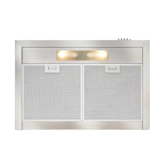Stainless steel chimney hood with dual mesh filters and integrated lighting, part of Range Hoods, Kitchen & Kitchenware, and Appliances collections for home improvement.