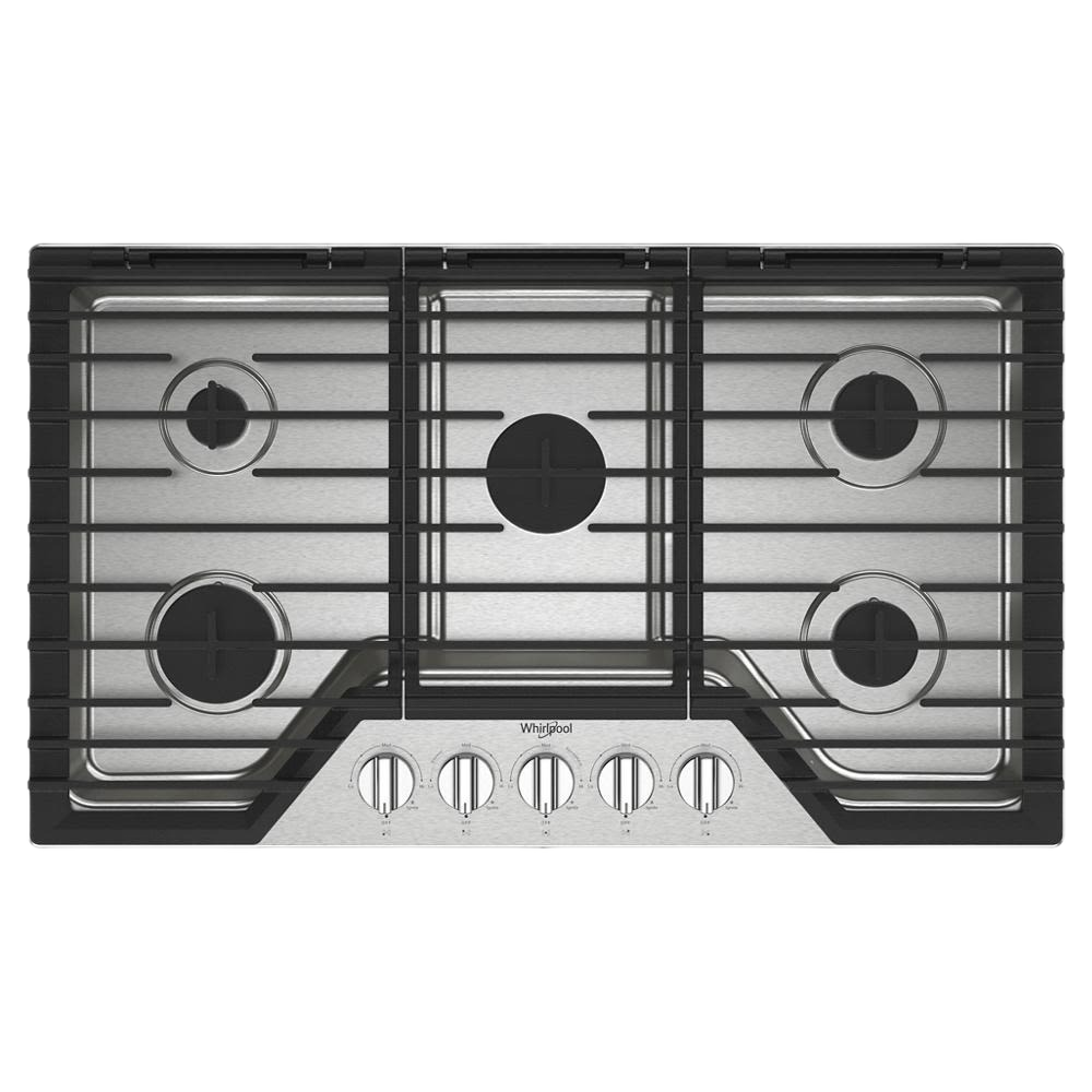 36-inch stainless steel gas cooktop with five burners and hinged cast-iron grates for home improvement kitchens
