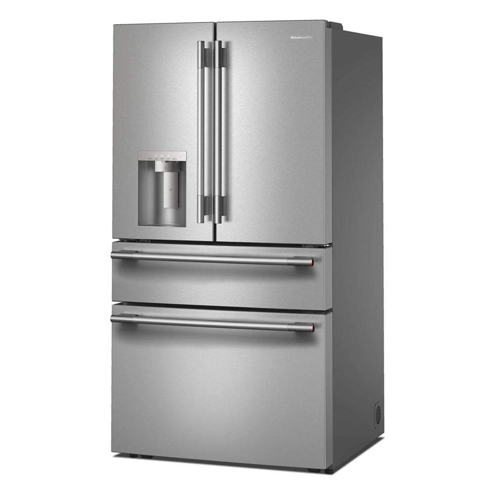 Stainless steel French door refrigerator with exterior water dispenser and dual drawers for kitchen appliance collections