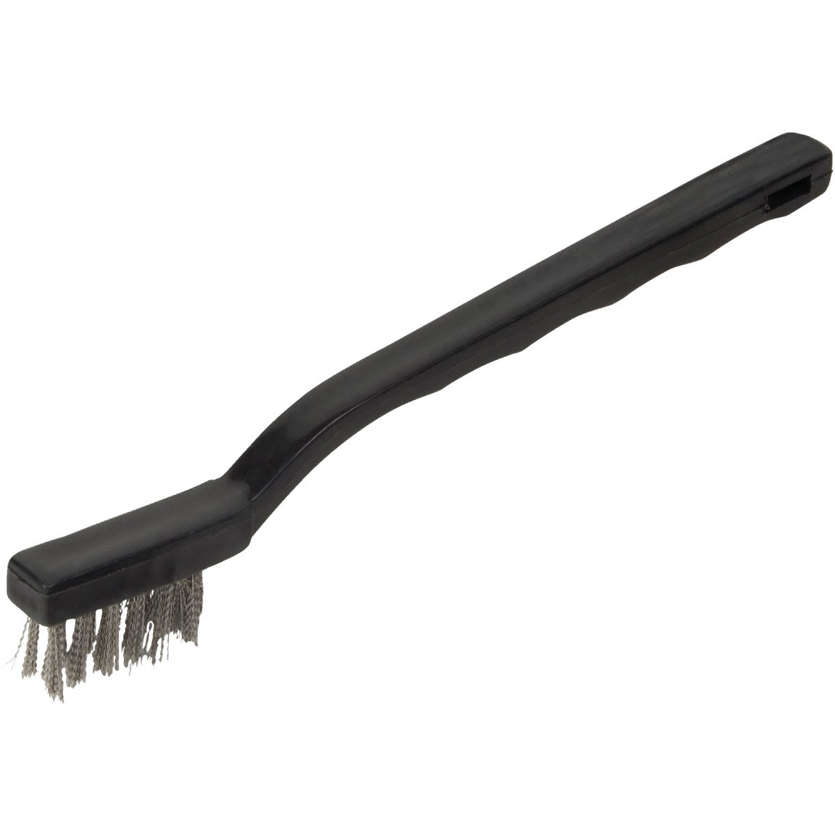 Mini brush with stainless steel bristles and black ergonomic handle for detailed cleaning in home improvement tasks