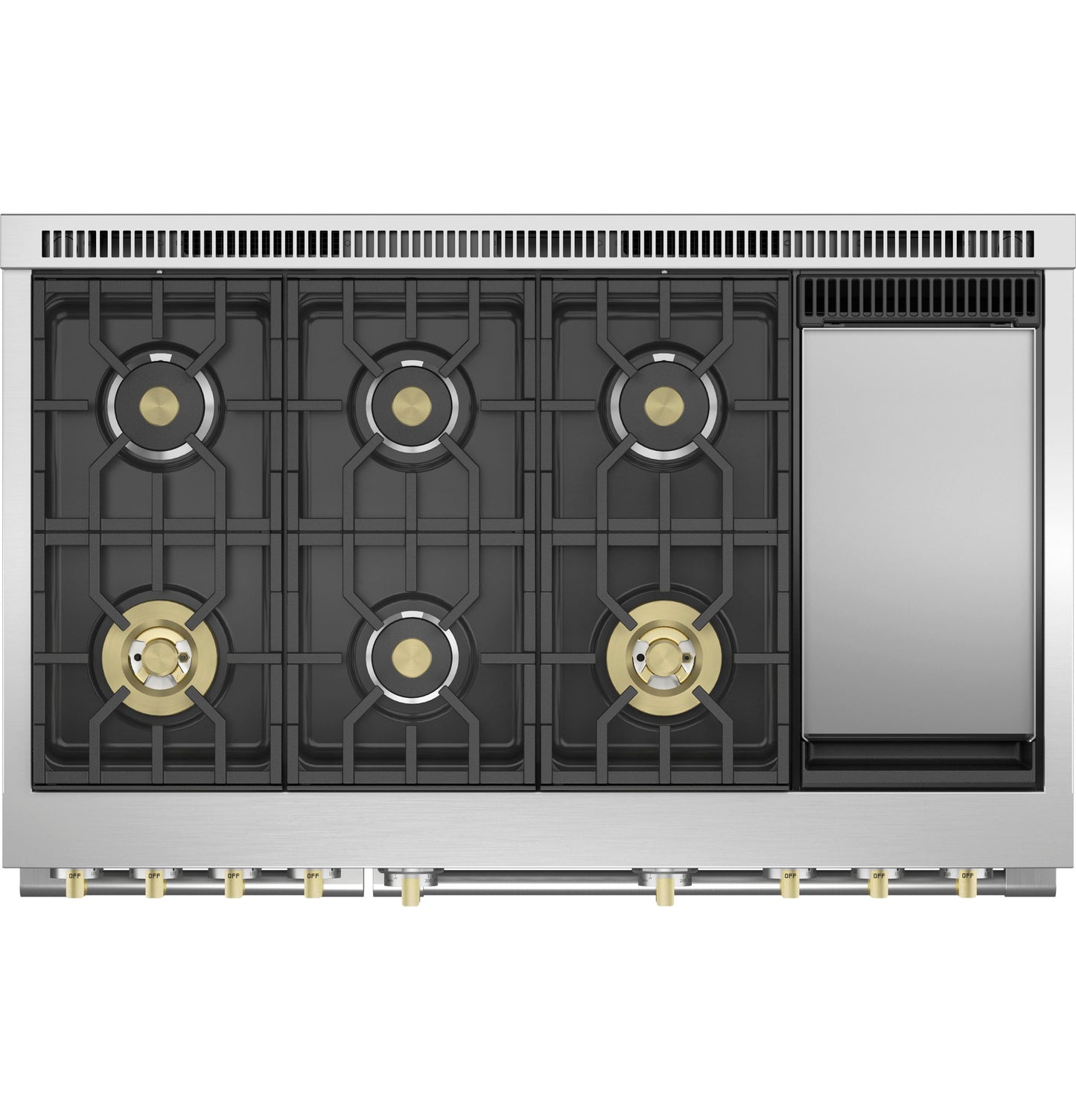 Top view of stainless steel gas cooktop with six burners and side griddle from gas ranges and kitchen appliances collection