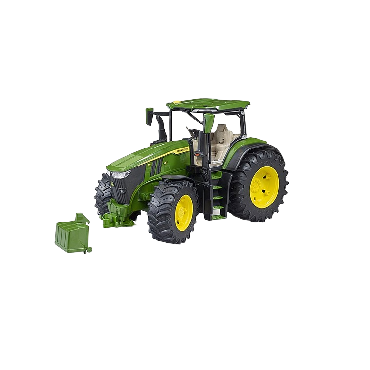 Green and yellow Bruder John Deere 7R 350 Tractor model with realistic tires and detailed cabin for home improvement tools display